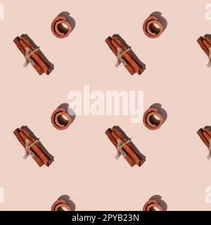 Seamless endless pattern of cinnamon with hard shadows, isolated on light pink background. Top view Stock Photo