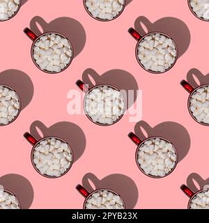 Seamless endless pattern of red cups of coffee or cocoa with marshmallows with hard shadows isolated on pink background Stock Photo