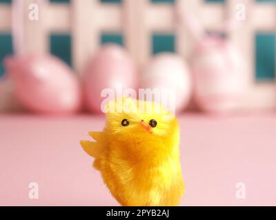 Cute chick with Easter eggs background Stock Photo