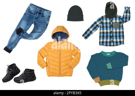Collage set of boys spring winter clothes isolated. Male kids apparel collection. Child boy fashion clothing outfit. Colorful stylish jeans, sweater, pants, jackets, boots wearing. Stock Photo