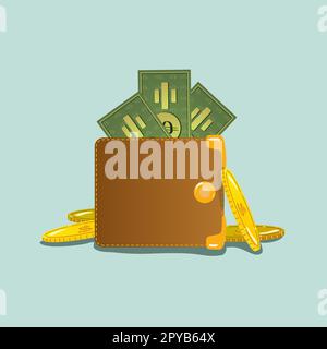 Brown wallet with green paper dollar bills and gold coins spilling out, on a cartoon style background. Icon, vector Stock Vector
