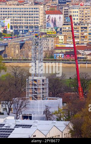 Belgrade, Serbia - April 09, 2023: Concentration Camp Sajmiste Historical Landmark Tower Renovation Crane Works Stock Photo