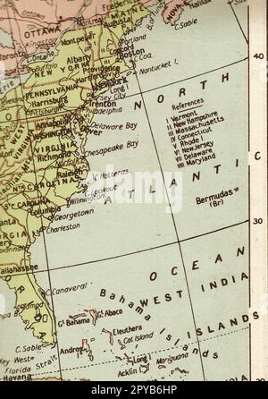A vintage sepia map of the east coast of the USA. Stock Photo