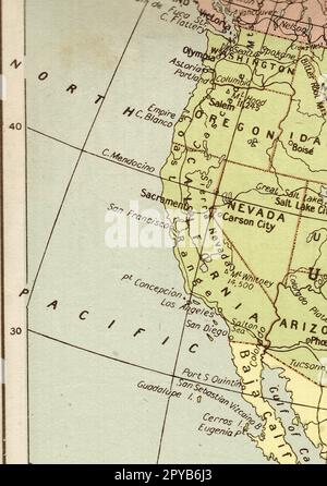 A vintage sepia map of the west coast of the USA. Stock Photo