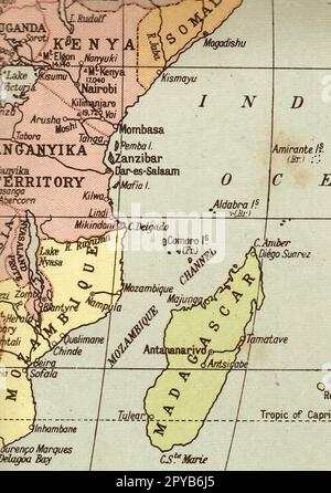 A vintage sepia map of the east coast of Africa. Stock Photo