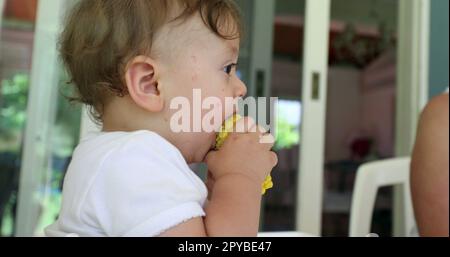 Parent feeding adorable baby infant on highchair. Cute toddler holding and eating corn Stock Photo