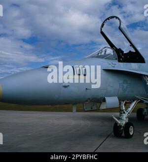 McDonnell Douglas F18 Hornet parked up on the apron at Newquay airbase 1993. Stock Photo