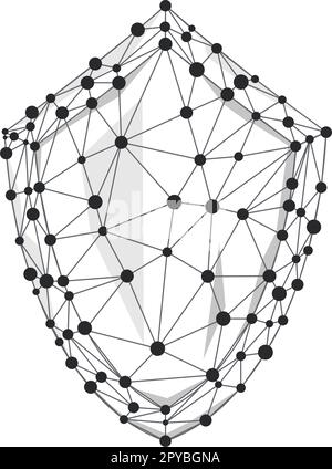 Shield wireframe polygon with line and dots isolated on white background. Stock Vector