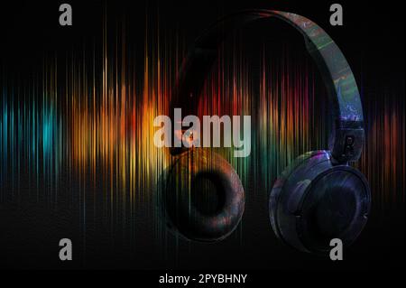 Music headphones on the background of sound wave with spectral colours. Abstract image of musical equalizer. Stock Photo