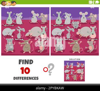 Cartoon illustration of finding the differences between pictures educational game with mice animal characters Stock Vector