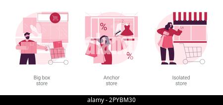 Retail shop abstract concept vector illustration set. Big box, anchor and isolated store, superstore, shopping center, department store, big retailer, fashion outlet, customer abstract metaphor. Stock Vector