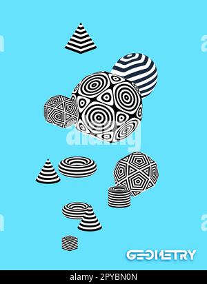 Banner for decorative design with abstract composition of 3d figures with stripped pattern. Purple silk on sphere on abstract blue color background Stock Vector
