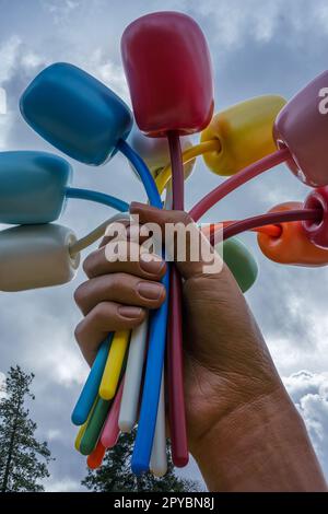 Bouquet of Tulips by Jeff Koons, the metal sculpture honoring the victims of November 2015 Paris attacks in close up. Paris, France March 25, 2023. Stock Photo