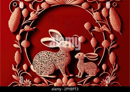 Happy Chinese New Year 2023, Rabbit zodiac sign on red color background. Asian elements with craft rabbit paper cut style Stock Photo