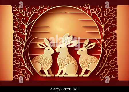 Happy New Year, 2023 , Chinese traditional zodiac . the year of rabbit. cute little rabbit with modern paper cut background. vector illustration Stock Photo