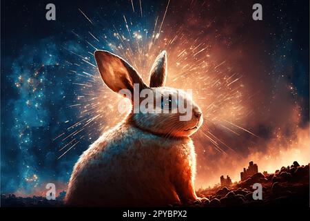 Rabbit looking at exploding fireworks. Happy new year 2023 Chinese year of rabbit Illustration Stock Photo