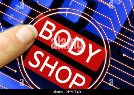 Hand writing sign Body Shop. Business approach a shop where automotive bodies are made or repaired Stock Photo
