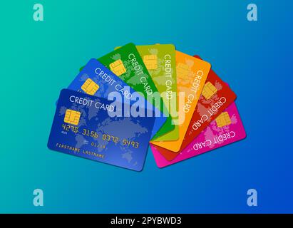 Colorful credit cards isolated on a blue background Stock Photo