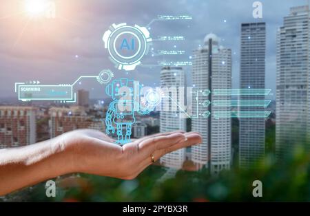 The AI robot is on the human hand, representing the work of intelligent mechanical systems in the world today. Stock Photo