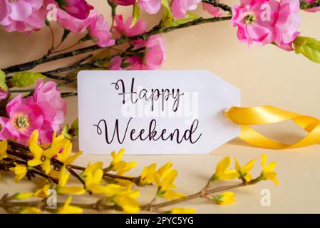 Spring Flower Decoration, Label With English Text Happy Weekend Stock Photo