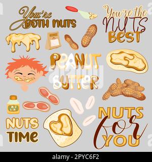 Set of peanut elements. Nuts, butter, peanut butter sandwich. Stickers.vector illustration Stock Photo