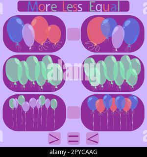 count the balloons in the picture and put a sign greater than, less than or equal to the rebus for children under 6 years old Stock Photo