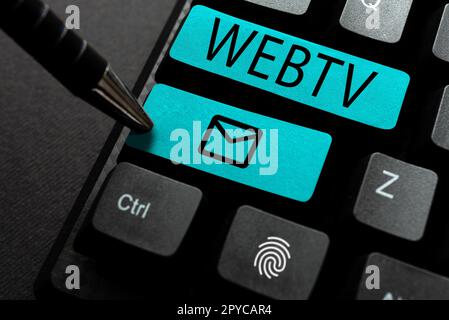 Conceptual caption Webtv. Business approach Internet transmission programs produced both online and traditional Stock Photo