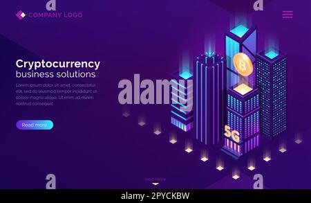 Cryptocurrency business solutions isometric landing page. Huge bitcoin hanging above neon glowing skyscraper buildings, 5G mining blockchain futuristic technology 3d vector illustration, web banner Stock Vector