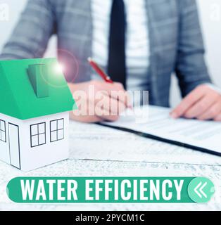 Sign displaying Water Efficiency. Word for reduce water wastage by measuring amount of water required Stock Photo