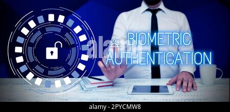 Hand writing sign Biometric Authentication. Concept meaning identity verification involves biological input Stock Photo