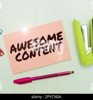Text sign showing Awesome Content. Word for valuable useful and more likely to inspire specific business Stock Photo