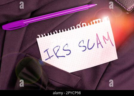 Inspiration showing sign Irs Scam. Business idea targeted taxpayers by pretending to be Internal Revenue Service Stock Photo