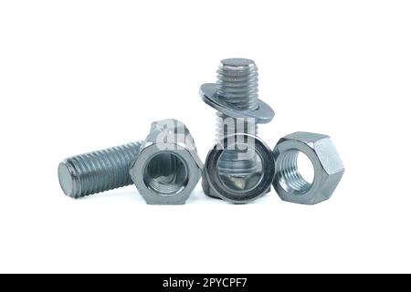 Zinc plated bolt, nut with flat and spring nut washers Stock Photo