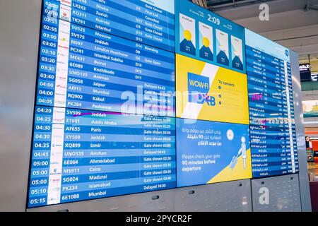 20 January 2023, Dubai, UAE: Timetables of DXB airport in United Arab Emirates Stock Photo