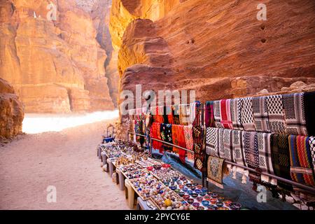 Souvenirs oriental scarfs in Petra, Jordan, Wadi Musa. Very beautiful local ornament. Stock Photo