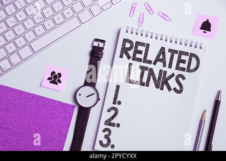 Hand writing sign Related Links. Business concept Website inside a Webpage Cross reference Hotlinks Hyperlinks Stock Photo