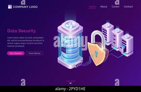 Cyber data security isometric landing page. Server room protected with shield padlock from outer access, computing internet digital technology, database protection. 3d vector illustration, web banner Stock Vector