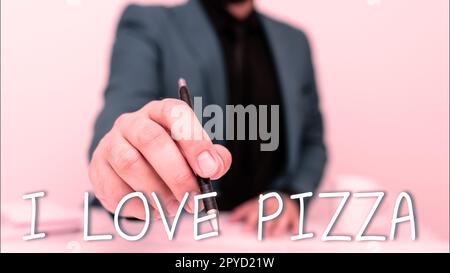 Text caption presenting I Love Pizza. Internet Concept To like a lot Italian food with cheese ham pepperoni in slices Stock Photo