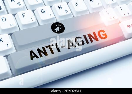 Text caption presenting Anti Aging. Concept meaning A product designed to prevent the appearance of getting older Stock Photo