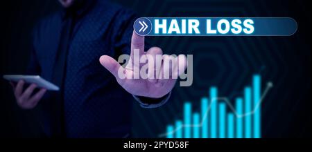 Text caption presenting Hair Loss. Word for Loss of human hair from the head or any part of the body Balding Stock Photo