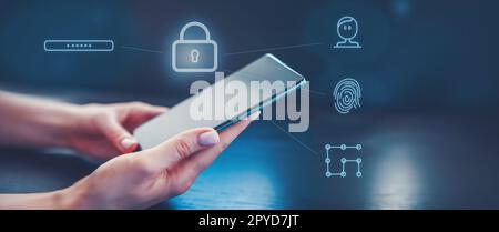 Person trying to log into his phone with a password, fingerprint and face. Stock Photo