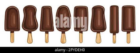 Vector set of Chocolate Popsicle, lot collection of eight cut out illustrations covered choco ice creams, banner with assorted chocolate popsicles for Stock Vector