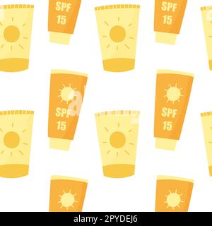 Seamless pattern with sunscreen lotions and creams. Wallpaper design for sunbathing procedures. Stock Vector