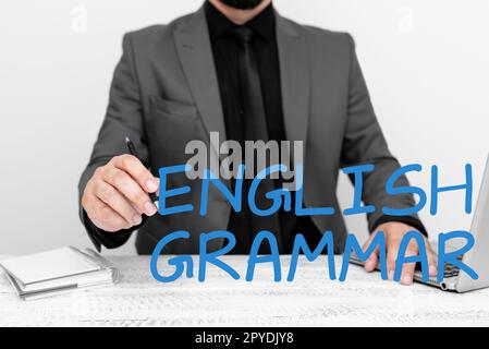 Hand writing sign English Grammar. Word for courses cover all levels of speaking and writing in english Stock Photo