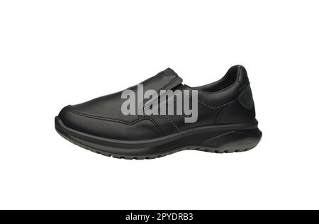 Leather black men elasticated sneakers without laces isolated on white background. Modern sports casual shoes with rubber soles. Fashionable sneakers. Urban male fashion - stretch hipster footwear. Stock Photo
