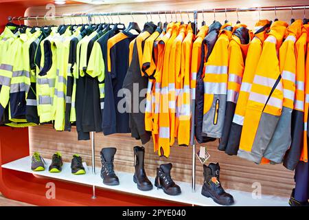 Reflective road work clothes in the store Stock Photo