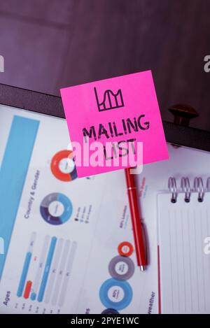 Conceptual display Mailing List. Word Written on list of people who subscribe to a periodic mailing distribution Stock Photo