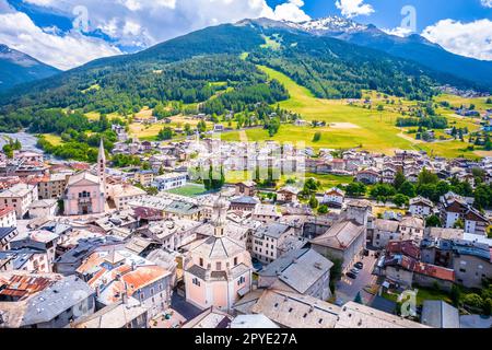 Town of Bormio in Dolomites Alps landscape view, Province of Sondrio Stock Photo