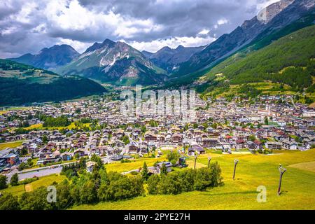 Town of Bormio in Dolomites Alps landscape view Stock Photo