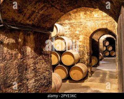 Old wooden barrels for preserving wine, inside the Marques de Riscal winery in the Rioja Alavesa. Stock Photo